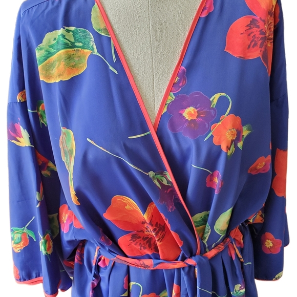 Vintage Floral Robe Natorious Blue Orange Red Flower Short Length Kimono Natori - Picture 3 of 10